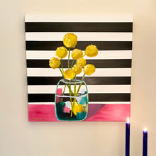 Load image into Gallery viewer, 24&quot; x 24&quot; acrylic on canvas. Vase of yellow billy button flowers on pink table on black and white horizontal stripe background by West Virginia artist Emily Kurth.