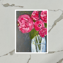 Load image into Gallery viewer, Art print of peonies in a glass vase on a textured gray background