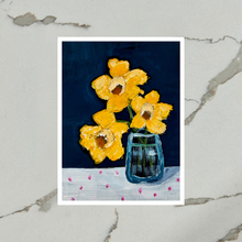 Load image into Gallery viewer, Printed artwork by artist Emily Kurth of yellow daffodil flowers in a blue vase on a dark background.