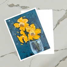 Load image into Gallery viewer, Framed artwork by artist Emily Kurth of yellow daffodil flowers in a blue vase on a blue background.
