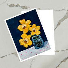 Load image into Gallery viewer, Printed artwork by artist Emily Kurth of yellow daffodil flowers in a blue vase on a dark background.