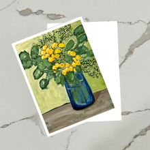 Load image into Gallery viewer, Painting of a blue vase with yellow flowers on a textured surface