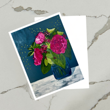 Load image into Gallery viewer, Art print of peonies and greenery in a blue vase on a textured surface