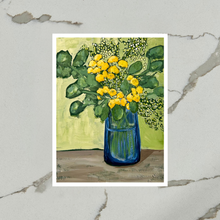 Load image into Gallery viewer, Painting of a blue vase with yellow flowers on a textured surface