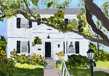 Load image into Gallery viewer, Painting of a white house with black shutters and a garden.