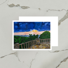 Load image into Gallery viewer, Framed artwork of a scenic landscape of Cooper's Rock overlook in West Virginia with a wooden deck, stone wall, and trees.