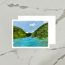 Load image into Gallery viewer, Art print featuring an original painting of the headwaters of Cheat Lake, with a blue sky, green hills, and a body of water depicted.