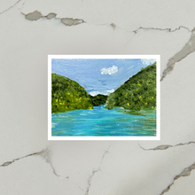 Load image into Gallery viewer, Art print featuring an original painting of the headwaters of Cheat Lake, with a blue sky, green hills, and a body of water depicted.