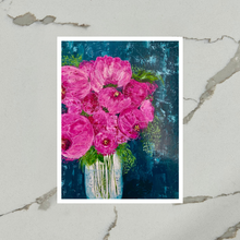Load image into Gallery viewer, Art print of peonies in a vase on a textured gray background