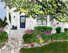 Load image into Gallery viewer, Painting of a white house with a blue door, surrounded by greenery and flowers.