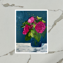 Load image into Gallery viewer, Art print of peonies in a blue vase on a textured surface