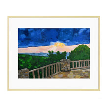 Load image into Gallery viewer, Framed artwork of a scenic landscape of Cooper's Rock overlook in West Virginia with a wooden deck, stone wall, and trees.
