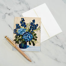 Load image into Gallery viewer, Greeting card with blue floral design on a marble surface with a pen.
