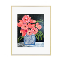 Load image into Gallery viewer, Art print of pink flowers in a blue vase in a gold frame on a marble surface 