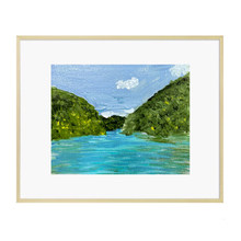 Load image into Gallery viewer, A framed print featuring an original painting of the headwaters of Cheat Lake, with a blue sky, green hills, and a body of water depicted.