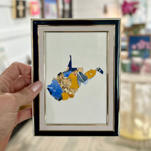 Load image into Gallery viewer, Lacquered navy metal framed cutout of West Virginia with gold leaf and sky blue, yellow, and navy paint chips from artist Emily Kurth's palette.