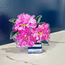 Load image into Gallery viewer, Decorative acrylic cutout of pink rhododendron flowers in a blue and white striped vase on a marble surface with a dark background.  Artwork by artist Emily Kurth.