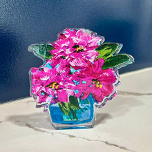 Load image into Gallery viewer, Decorative acrylic cutout of pink rhododendron flowers in a blue vase on a marble surface with a dark background.  artwork by artist Emily Kurth.