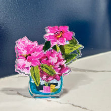 Load image into Gallery viewer, Decorative acrylic cutout of pink rhododendron flowers in a blue vase on a marble surface with a dark background.  artwork by artist Emily Kurth.