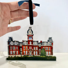 Load image into Gallery viewer, Acrylic ornament of the West Virginia University building, Woodburn Hall  against a white background.  Original artwork by artist Emily Kurth.
