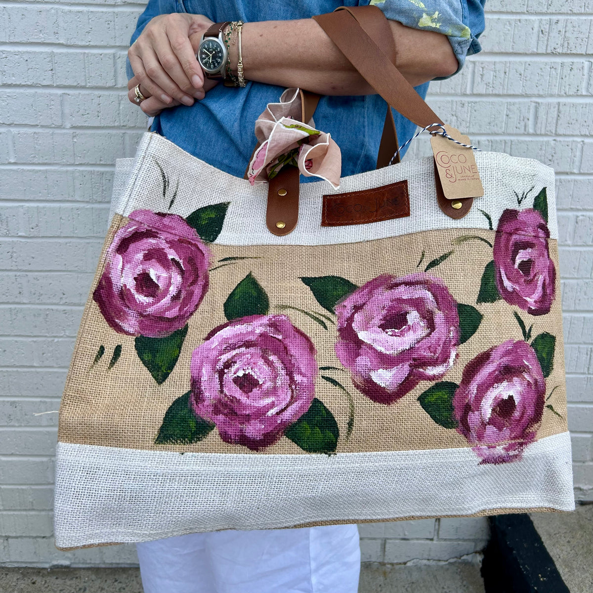 Hand Painted Market Tote-Pink Roses – Coco & June