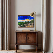 Load image into Gallery viewer, Framed artwork of a scenic landscape of Cooper's Rock overlook in West Virginia with a wooden deck, stone wall, and trees.