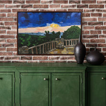 Load image into Gallery viewer, Framed painting of a scenic landscape of Cooper's Rock overlook in West Virginia with a wooden deck, stone wall, and trees.on a brick wall above a green cabinet.