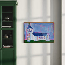 Load image into Gallery viewer, Framed painting of a church on a white wall next to a green cabinet.