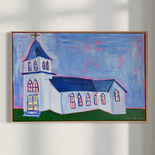 Load image into Gallery viewer, Framed painting of a white church with a blue roof on a light gray background