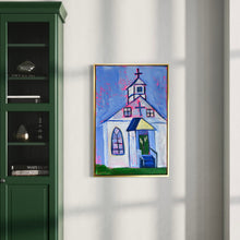Load image into Gallery viewer, Framed painting of a church on a white wall next to a green cabinet.