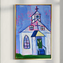 Load image into Gallery viewer, Painting of a church with colorful abstract style on a white wall