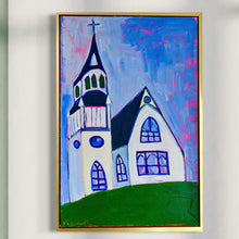 Load image into Gallery viewer, Colorful painting of a church on a green hill with a blue sky.