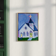 Load image into Gallery viewer, Framed painting of a colorful church on a white wall.