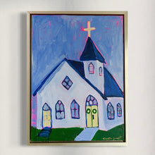 Load image into Gallery viewer, Colorful painting of a church with a cross on a white wall