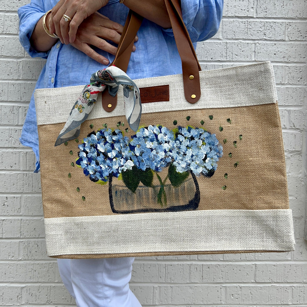 Hand Painted Market Tote-Blue Hydrangeas