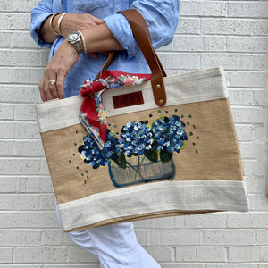 Hand Painted Market Tote-Blue Hydrangeas