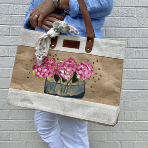 Hand Painted Market Tote-Pink Hydrangeas