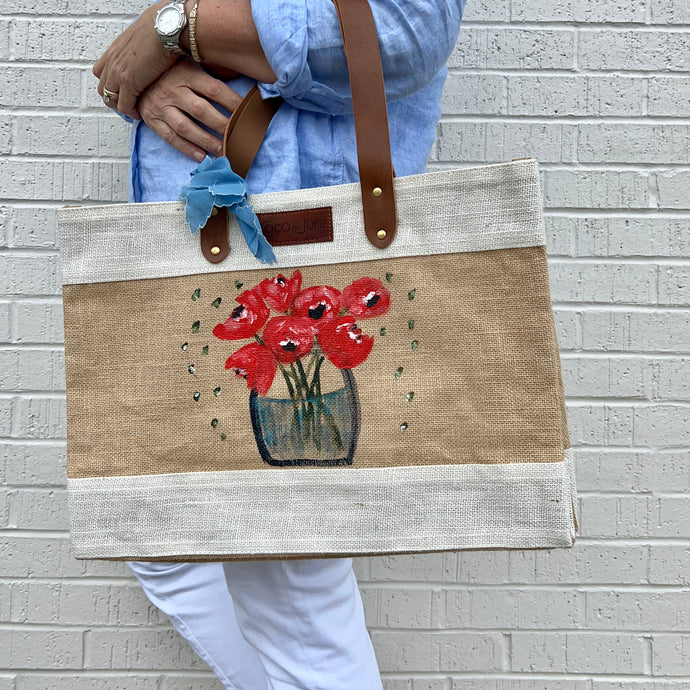 Hand Painted Market Tote-Poppies