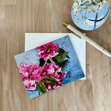 Load image into Gallery viewer, Rhododendron floral card on a wooden surface with a pen and small plant.