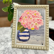 Load image into Gallery viewer, A print of an original hydrangea painting with a striped vase, framed in a simple wood frame.
