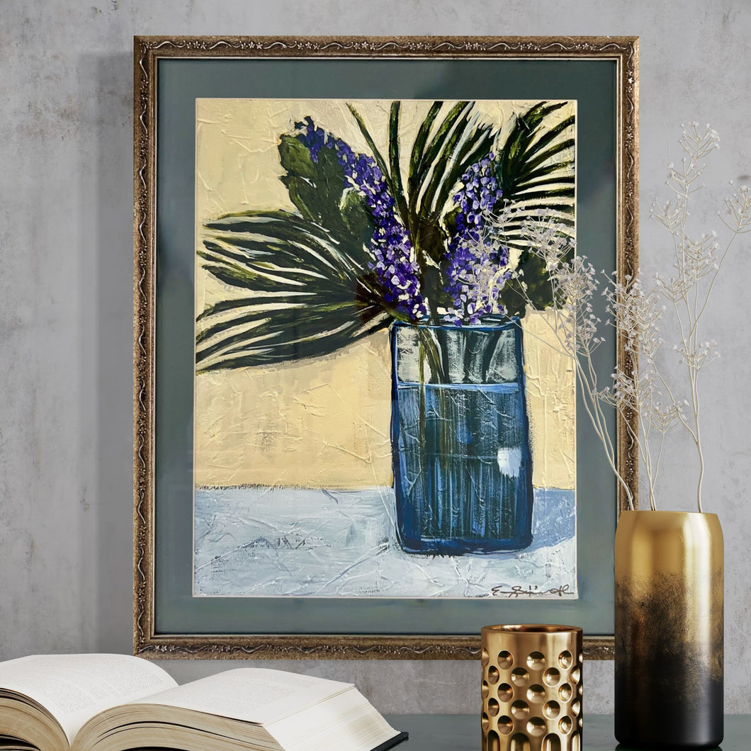 Palms & Larkspur Print in Vintage Frame