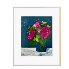 Load image into Gallery viewer, A framed artwork featuring a bouquet of pink peonies and greenery on a navy background, with a gold frame.