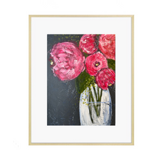 Load image into Gallery viewer, An art print featuring a vase of bright pink peonies on a dark background, framed in a light gold frame.