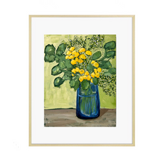 Load image into Gallery viewer, A framed artwork featuring a vase of yellow flowers on a table, with a green and blue background.