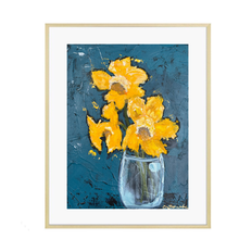 Load image into Gallery viewer, Framed artwork by artist Emily Kurth of yellow daffodil flowers in a blue vase on a blue background.
