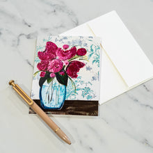 Load image into Gallery viewer, Greeting card with pink peony floral design on a marble surface with a pen.