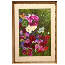 Load image into Gallery viewer, A framed floral painting features a dense bouquet of pink, purple, red, yellow, and white flowers with green leaves, set in a gold frame.