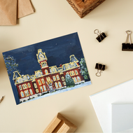 Notecard of painting of Woodburn Hall with holiday lights 