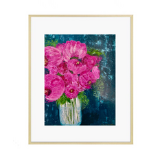 Load image into Gallery viewer, An abstract painting featuring pink peonies, presented in a frame. The background is blue with a textured look.