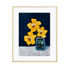 Load image into Gallery viewer, Framed artwork by artist Emily Kurth of yellow daffodil flowers in a blue vase on a dark background.